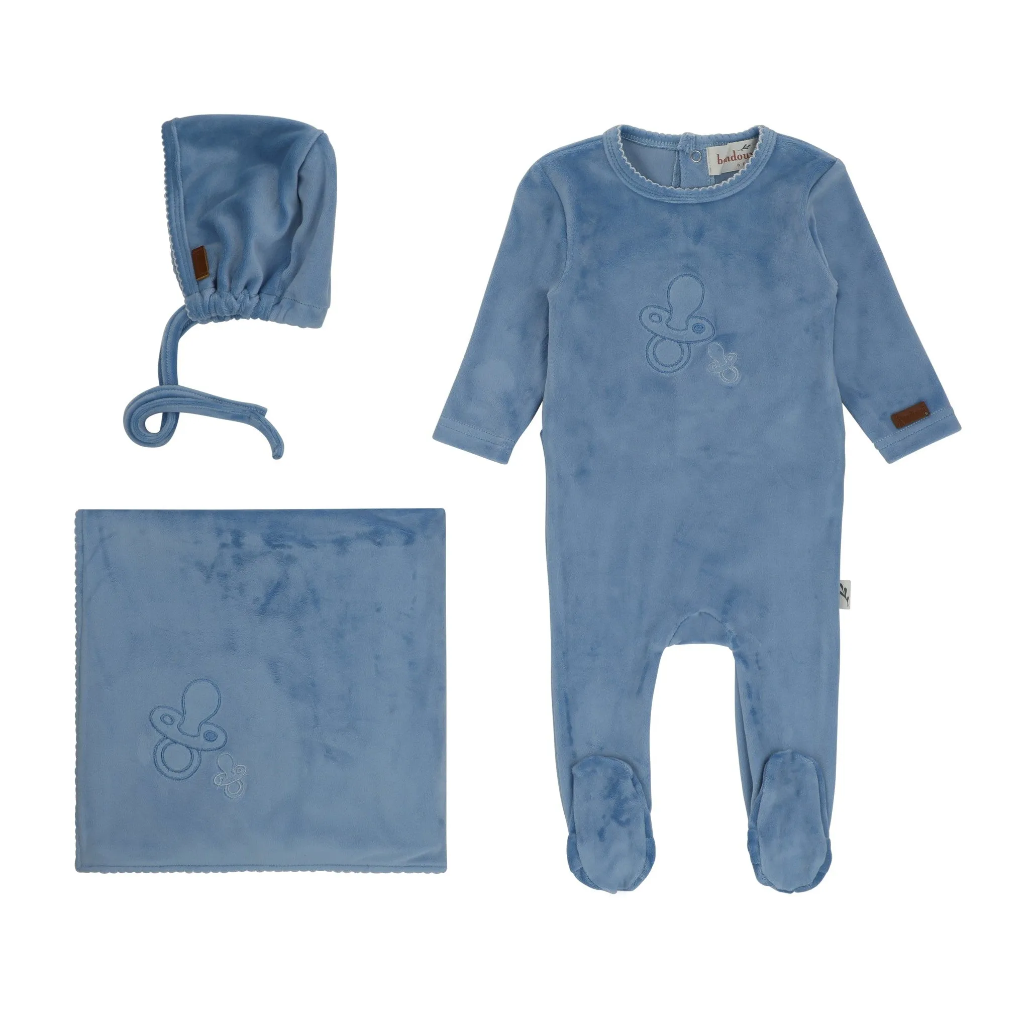 Bondoux Paci Embroidered Velour Footie & Bonnet Boys