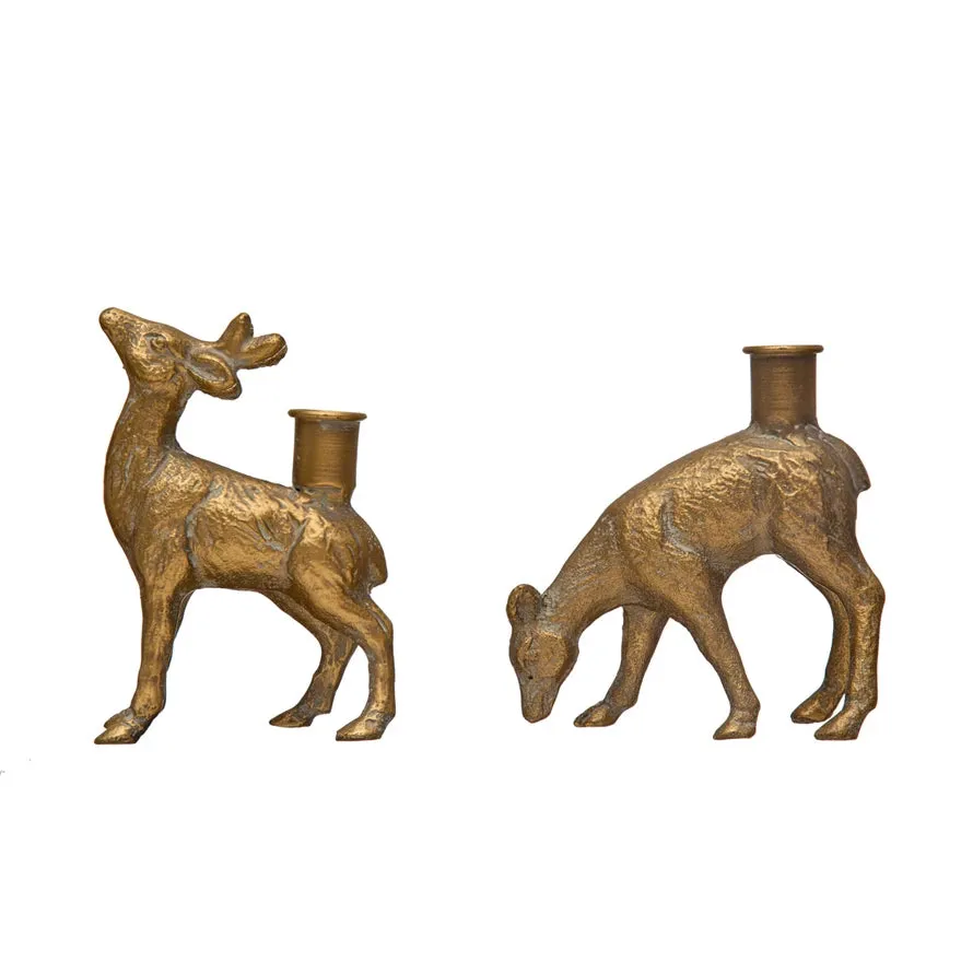 Cast Iron Deer Taper Holder Set of 2, Whitewashed Gold Finish