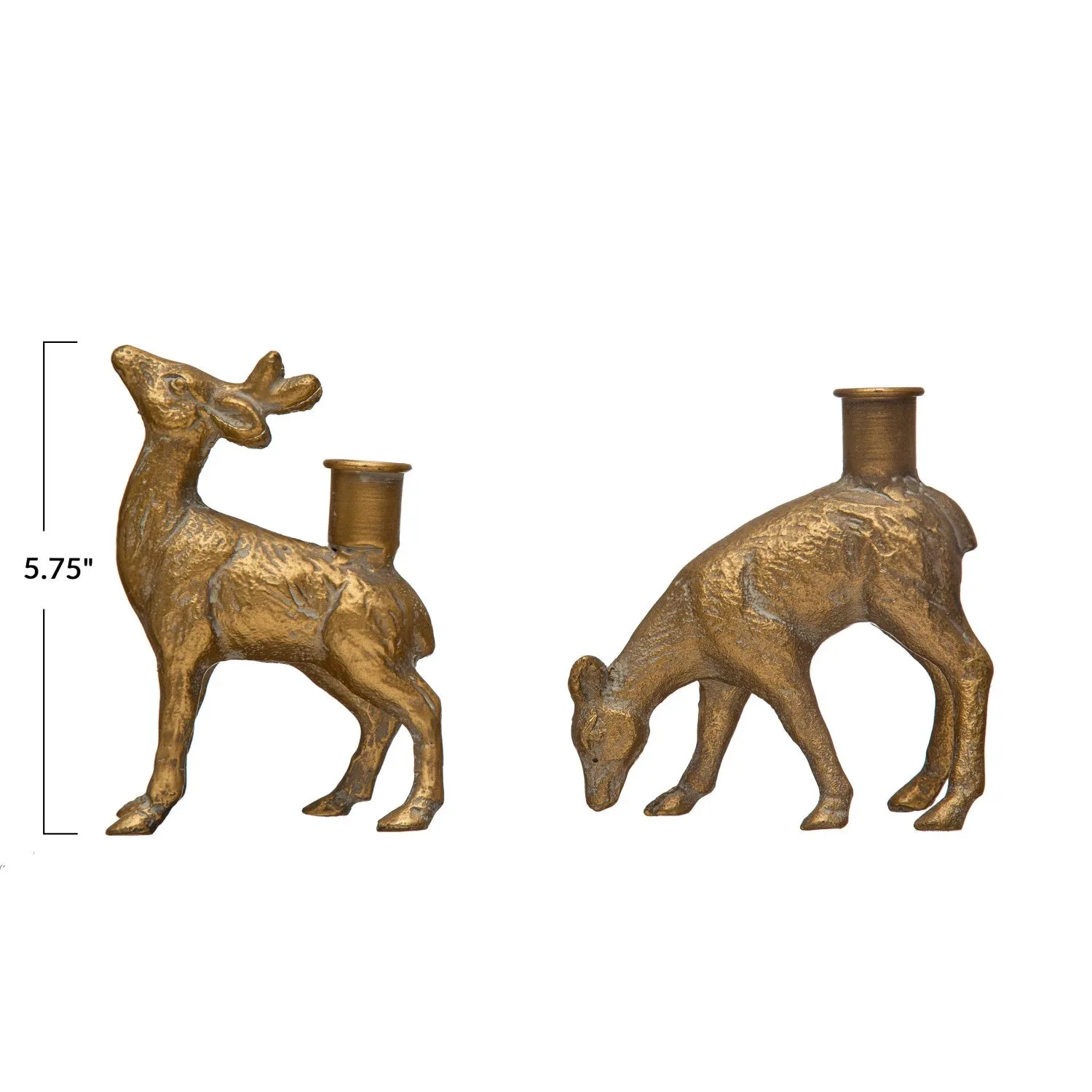 Cast Iron Deer Taper Holder Set of 2, Whitewashed Gold Finish