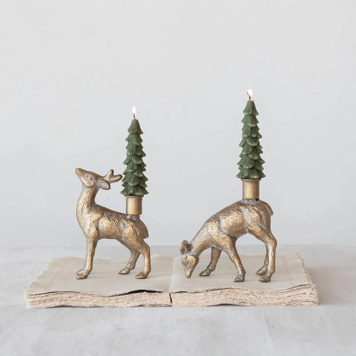 Cast Iron Deer Taper Holder Set of 2, Whitewashed Gold Finish