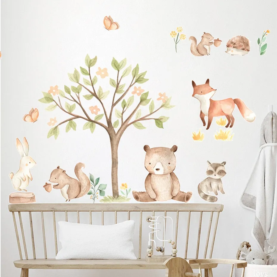 Cute Woodland Animals Bear Rabbit Squirrel Fox Wall Decals Peel N Stick Vinyl Wall Stickers For Nursery Room Baby's Room Kindergarten Wall Decor