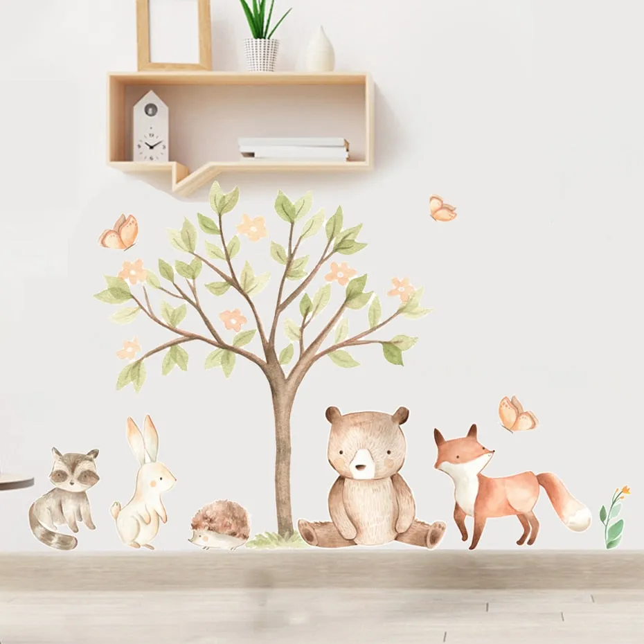 Cute Woodland Animals Bear Rabbit Squirrel Fox Wall Decals Peel N Stick Vinyl Wall Stickers For Nursery Room Baby's Room Kindergarten Wall Decor