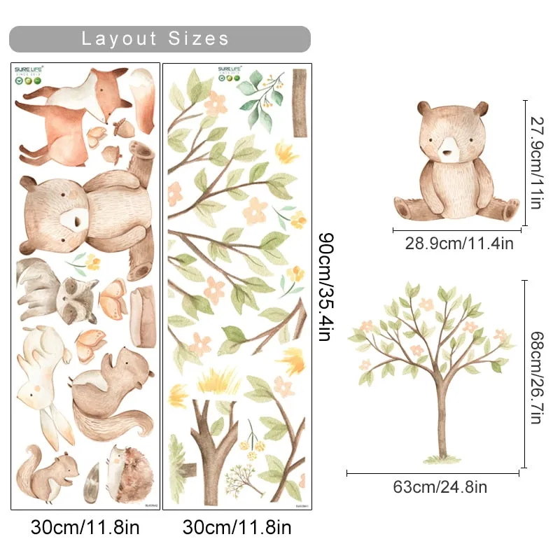 Cute Woodland Animals Bear Rabbit Squirrel Fox Wall Decals Peel N Stick Vinyl Wall Stickers For Nursery Room Baby's Room Kindergarten Wall Decor