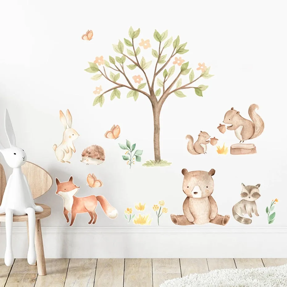 Cute Woodland Animals Bear Rabbit Squirrel Fox Wall Decals Peel N Stick Vinyl Wall Stickers For Nursery Room Baby's Room Kindergarten Wall Decor