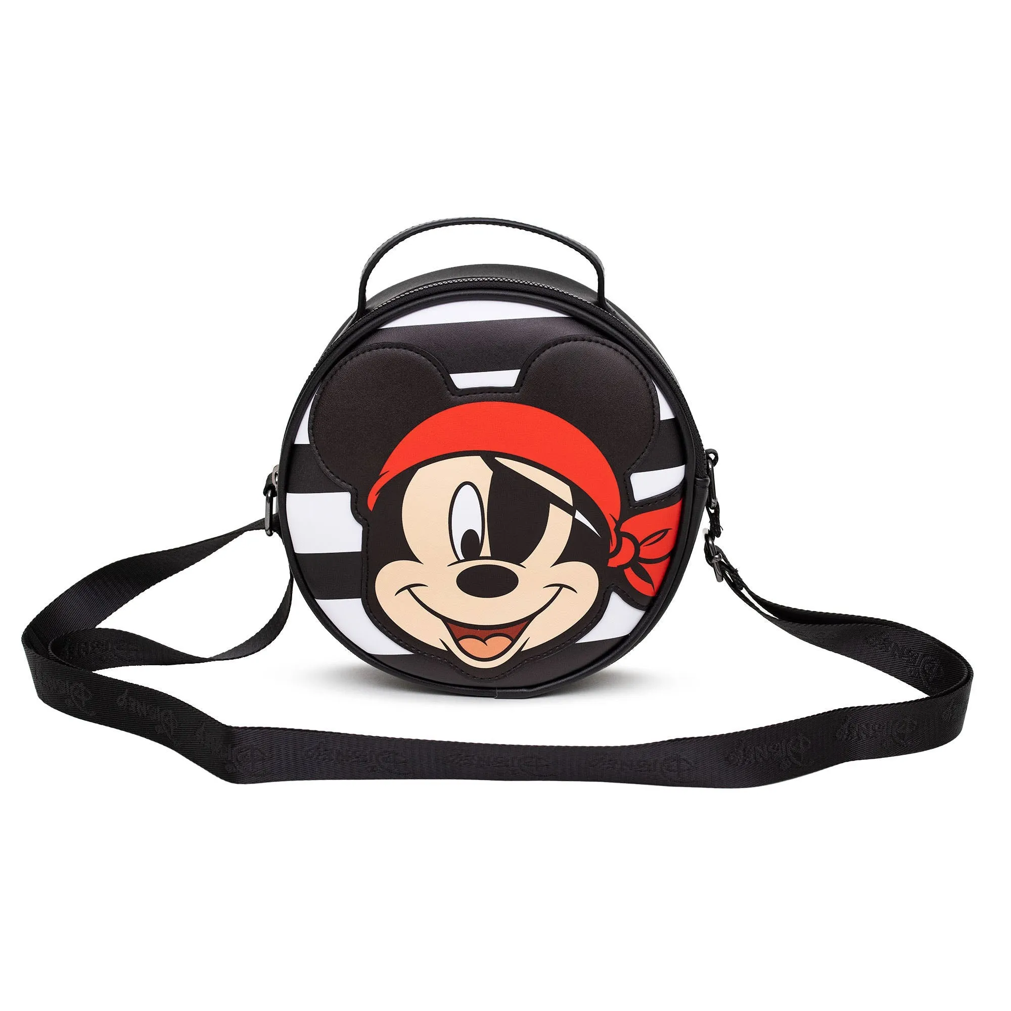 Disney Bag, Cross Body, Round, Pirate Mickey Mouse Smiling Expression Applique, Stripe Black White, Vegan Leather