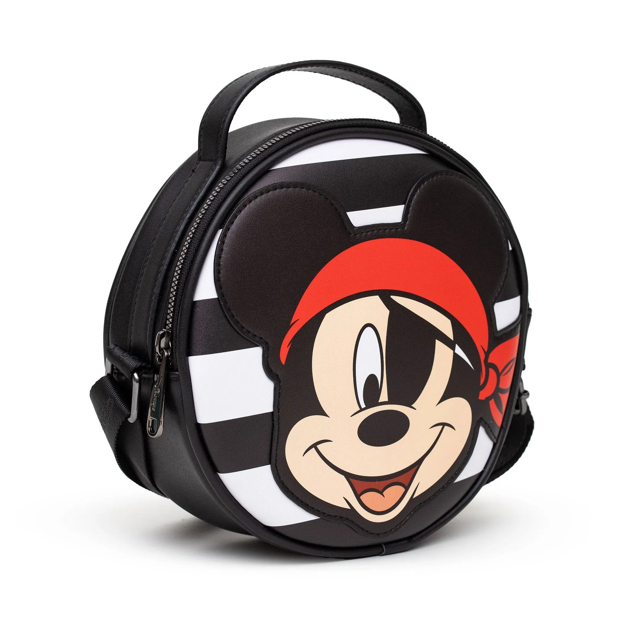 Disney Bag, Cross Body, Round, Pirate Mickey Mouse Smiling Expression Applique, Stripe Black White, Vegan Leather