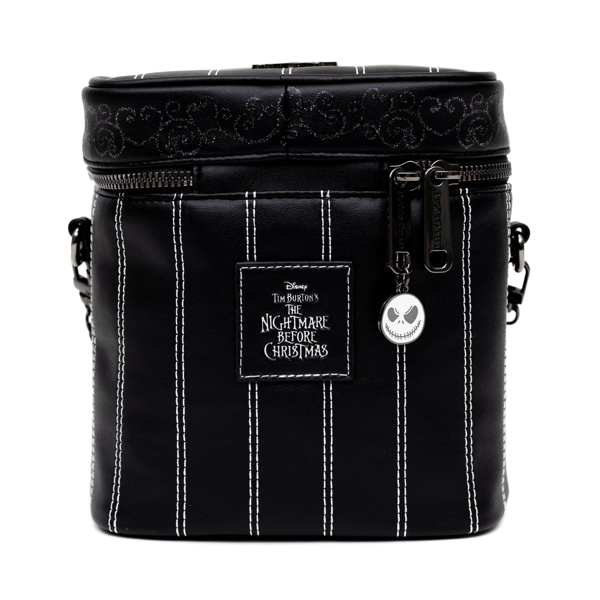 Disney Bag, Crossbody Rectangular Vanity, The Nightmare Before Christmas Jack Striping with Bat Bow Tie, Black, Vegan Leather