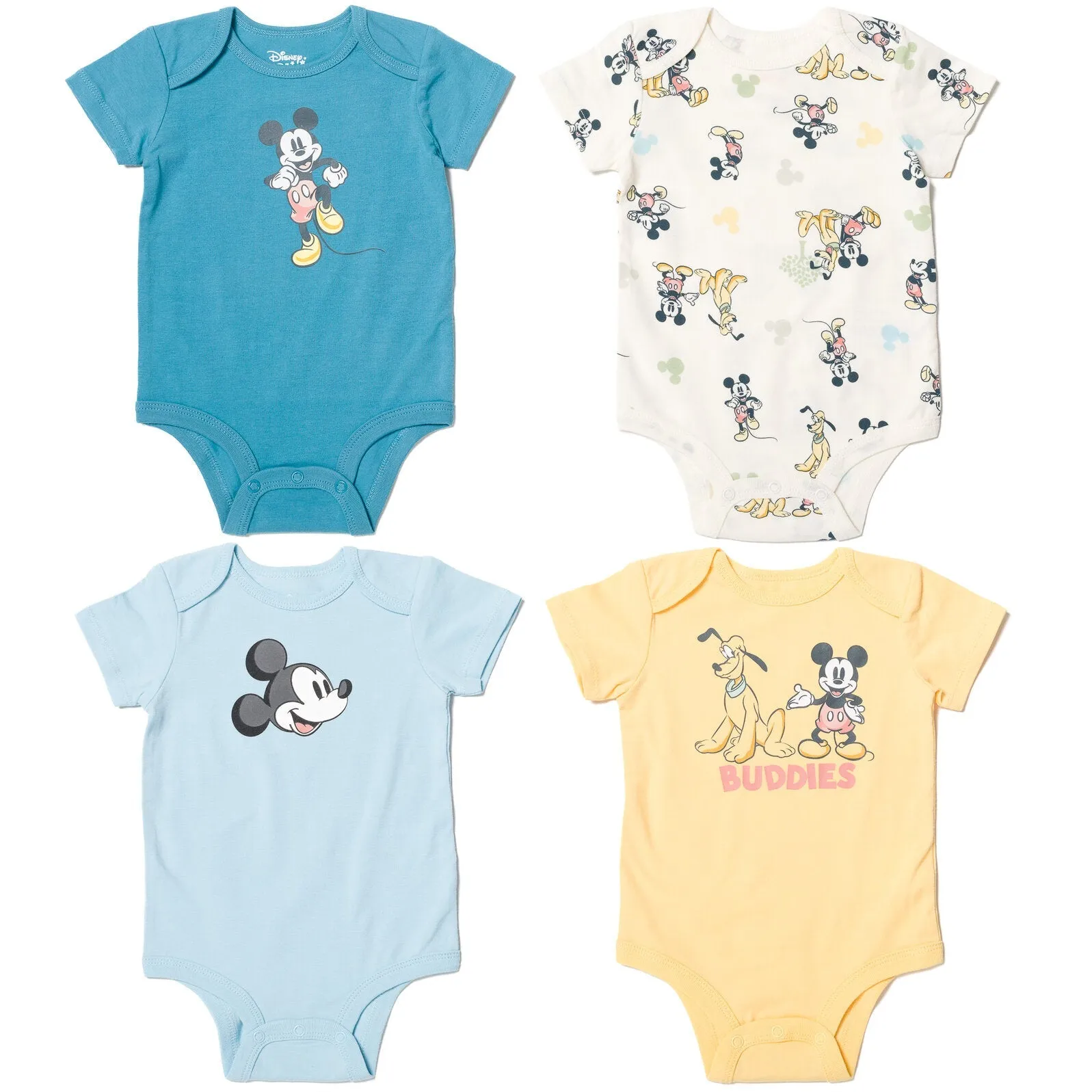 Disney Mickey Mouse 4 Pack Cuddly Snap Bodysuits made with Organic Cotton