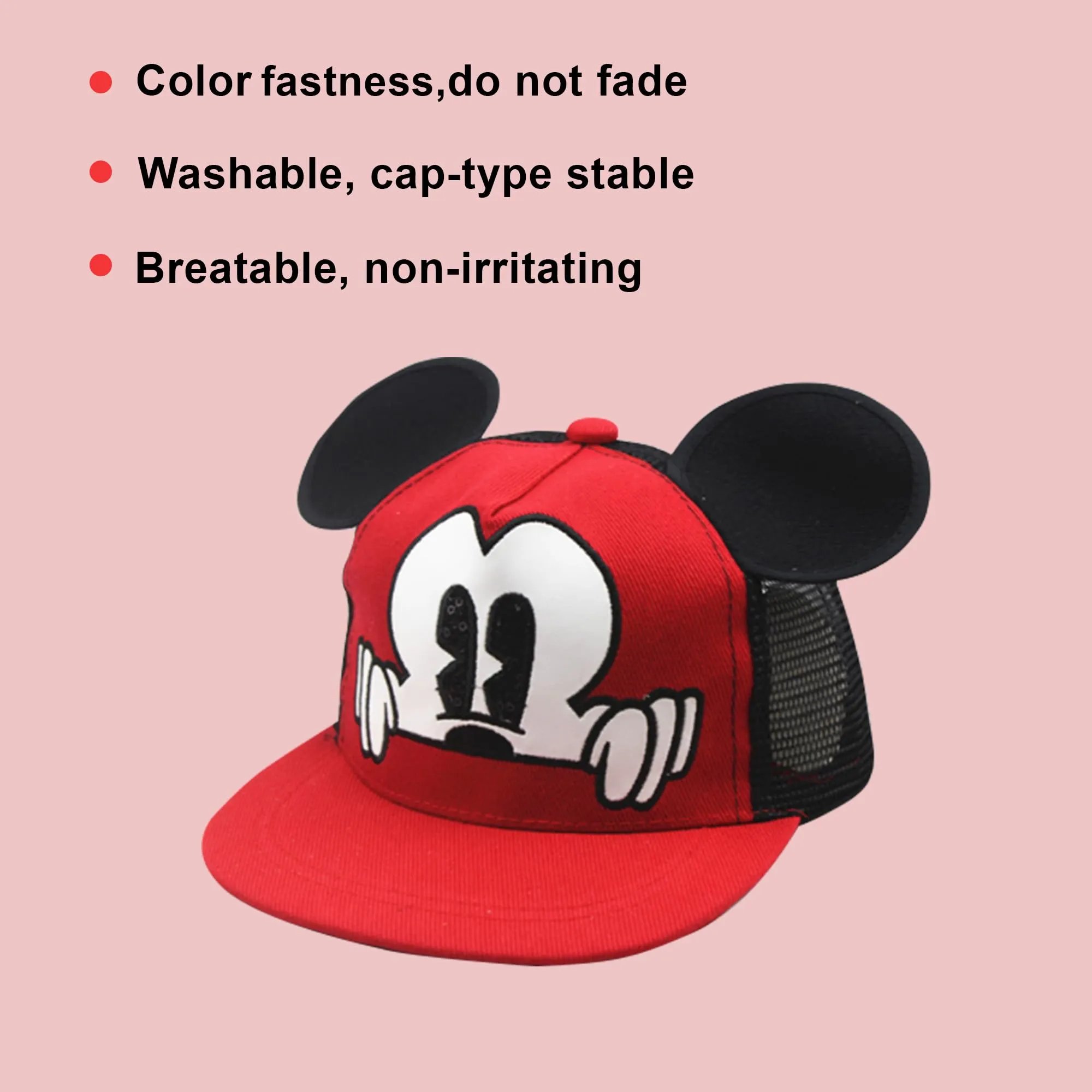 Homestic Mickey Mouse Cap | Adjustable Cap for Boys and Girls | Cartoon Character Printed Little Cap for Kids | Cap for 7-12 Year Old Baby Girls and Boys | T1639-B | Red