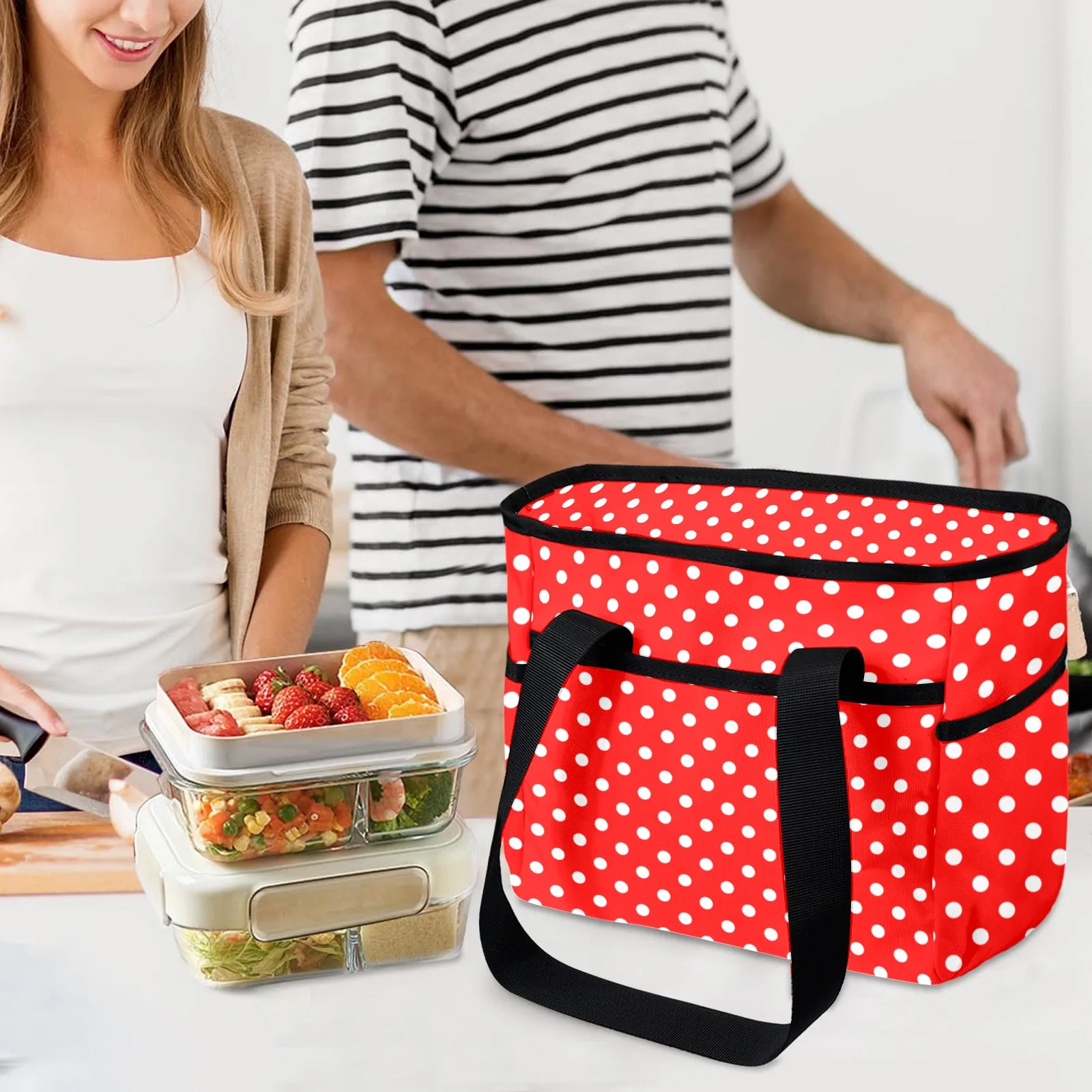 Red With White Polka Dots Large Capacity Insulated Tote Bag