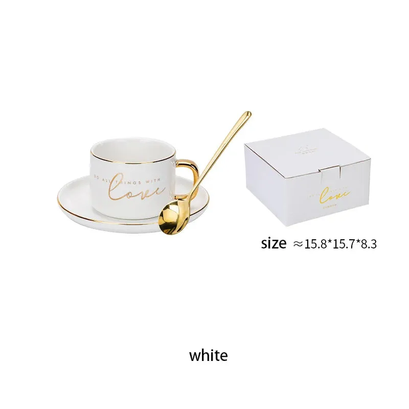 SALE 200ml Letters Love Coffee Cup Set Golden Handle Milk Water Cup With Dessert Dish Spoon Coffee Couple Mug Gift Box Packaging