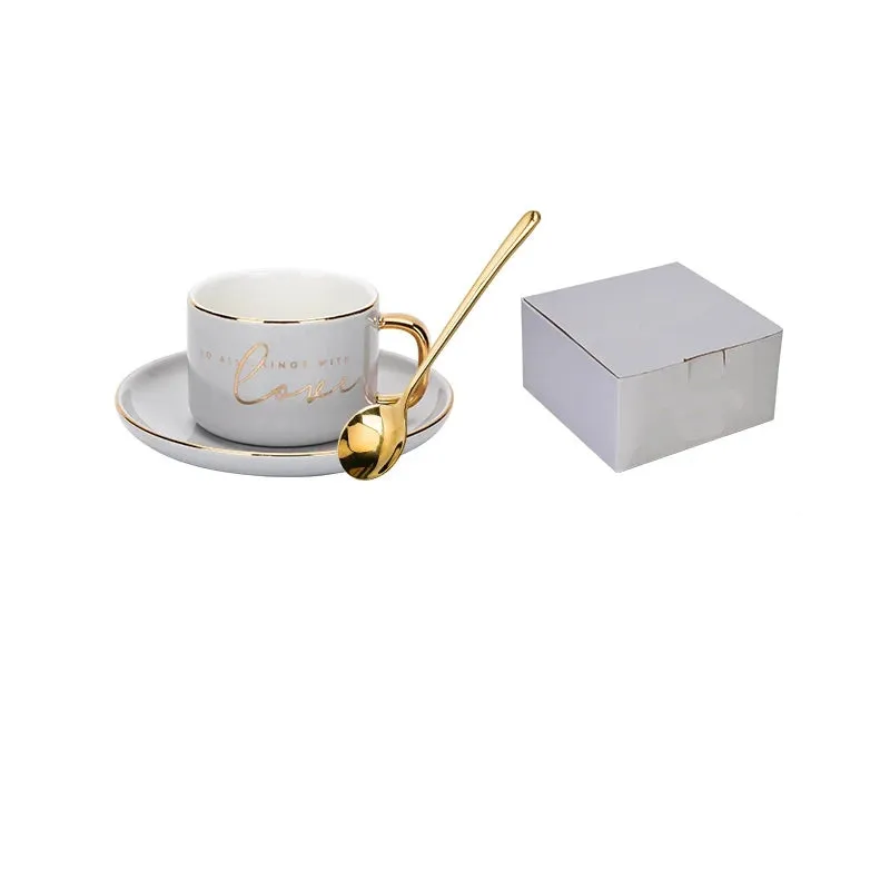 SALE 200ml Letters Love Coffee Cup Set Golden Handle Milk Water Cup With Dessert Dish Spoon Coffee Couple Mug Gift Box Packaging