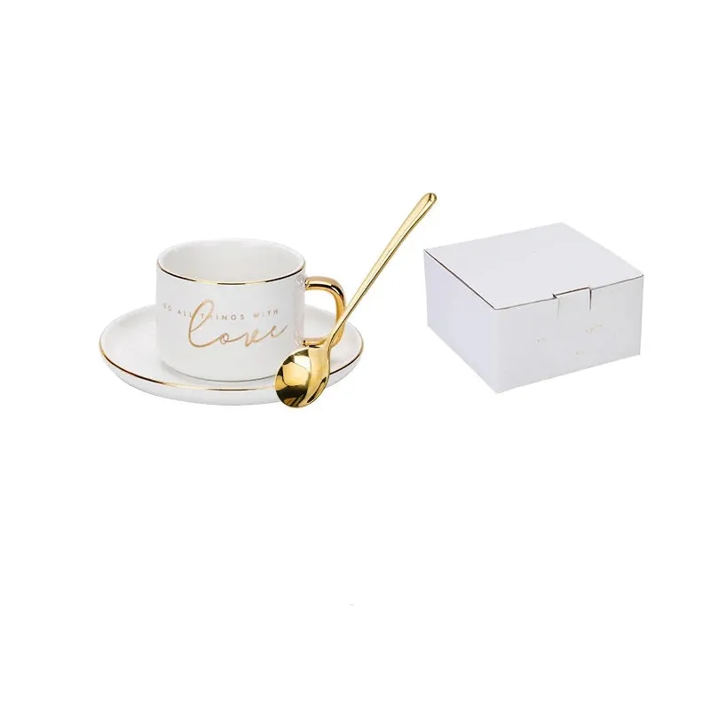 SALE 200ml Letters Love Coffee Cup Set Golden Handle Milk Water Cup With Dessert Dish Spoon Coffee Couple Mug Gift Box Packaging