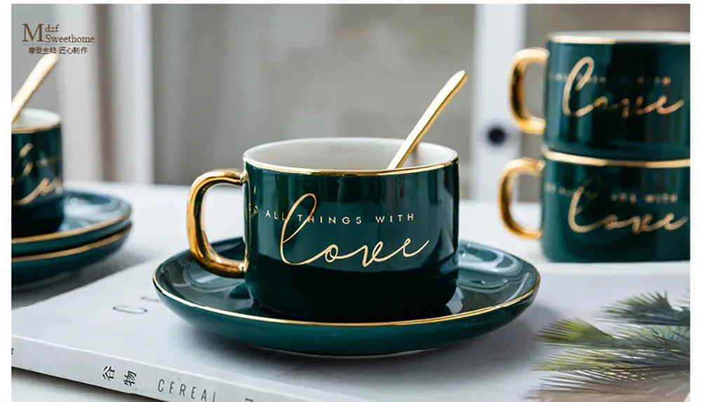 SALE 200ml Letters Love Coffee Cup Set Golden Handle Milk Water Cup With Dessert Dish Spoon Coffee Couple Mug Gift Box Packaging