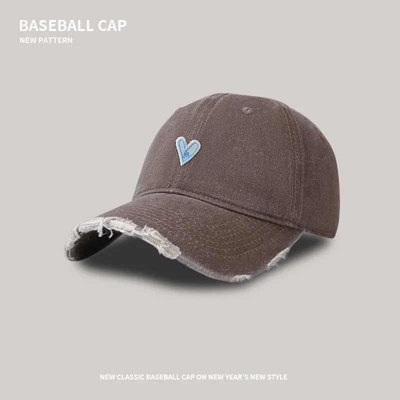 Soft top baseball cap female cartoon love washed hole visor peaked cap Korean style trendy sweet cool wide brim peaked cap