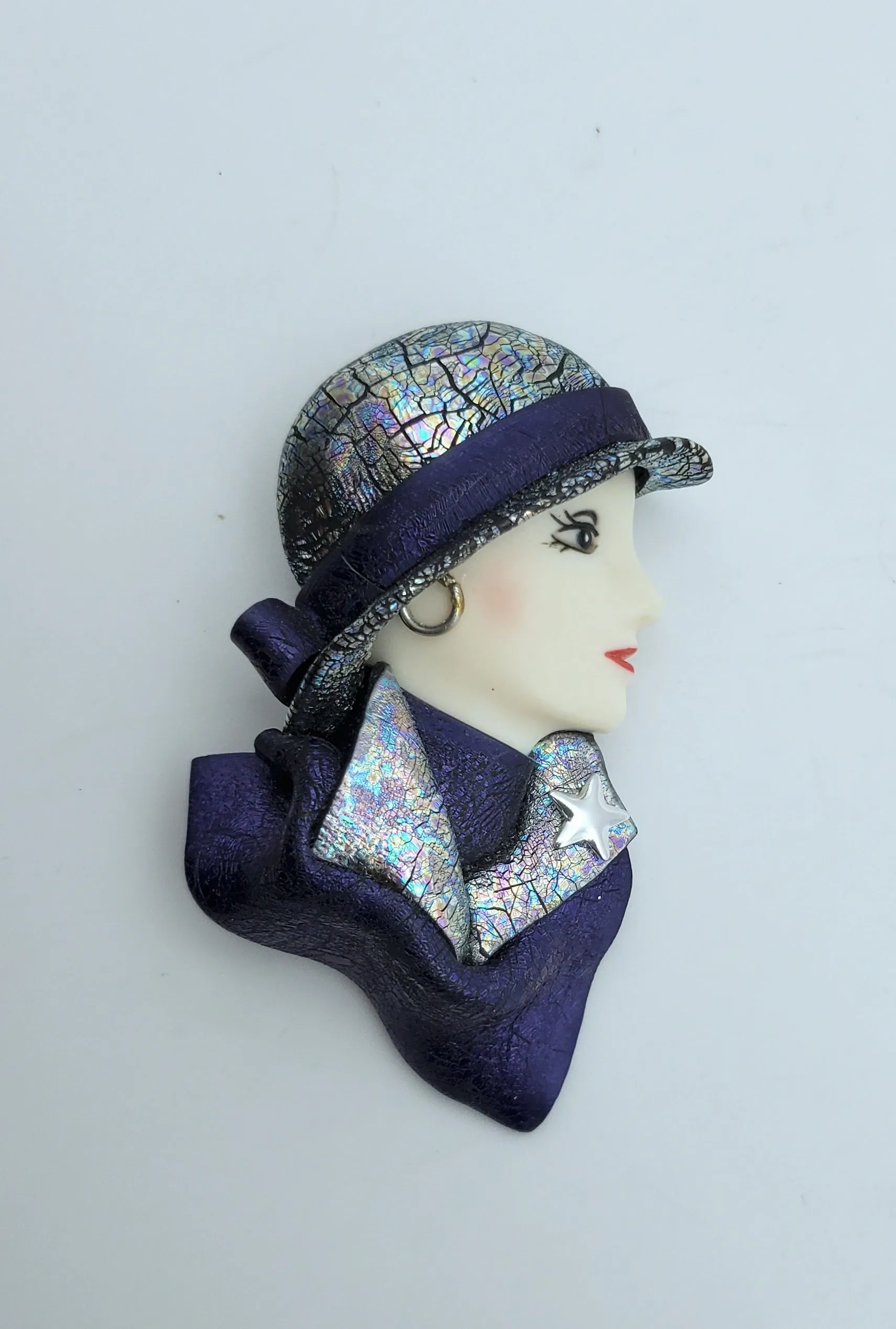 Vintage Handmade Sculpted Clay Fashionable Female Profile Brooch