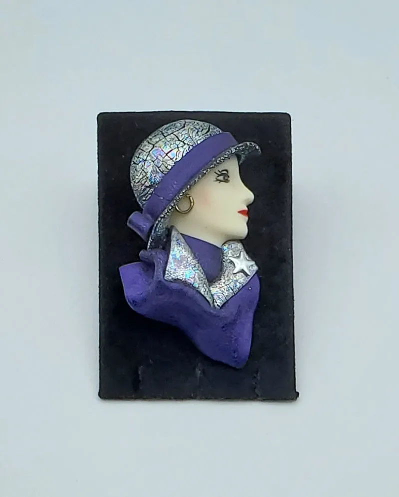 Vintage Handmade Sculpted Clay Fashionable Female Profile Brooch